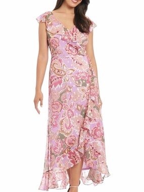 London Times Pink Floral High-Low Ruffle Maxi Dress